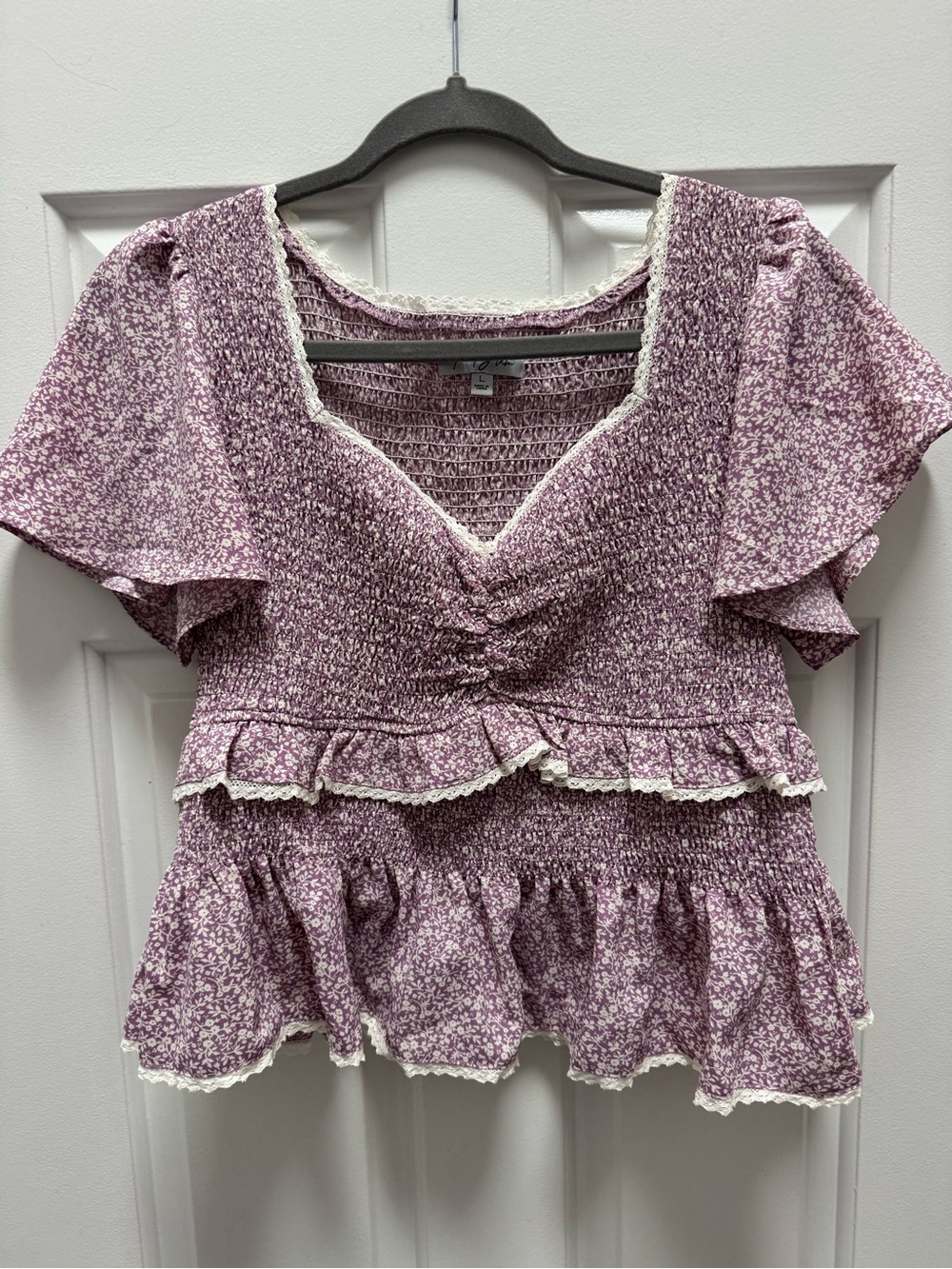 Polagram Lavender Smocked Floral Peplum Top with Cream Lace